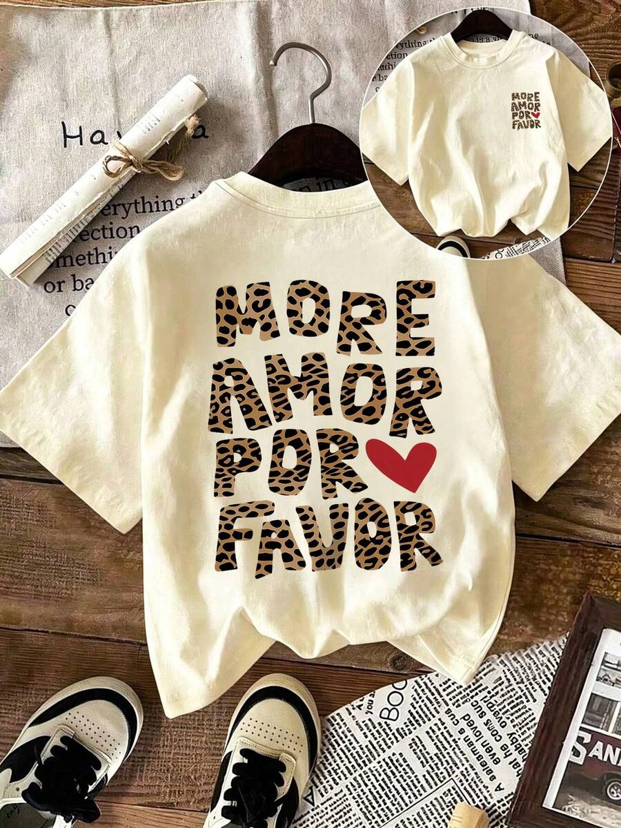 adolecent Girl "PLUS D'AMOUR S'IL VOUS PLAÎT" T-shirt graphique, tissu doux et confortable, convient aux sports de plein air des filles, aux tenues décontractées, au style de rue, au style campus, au Top décontracté à la mode pour filles au printemps/été - Nude - Voir 1