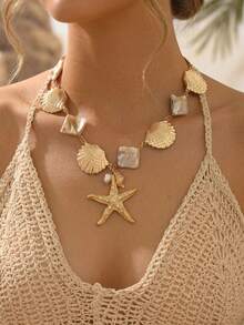 1pc Bohemian Style Gold Chain Ocean Shell Necklace, Niche Design Starfish Pendant Choker Chain, Women's Neck Jewelry, Suitable For Daily Wear And Travel Party - Multicolor - View 1