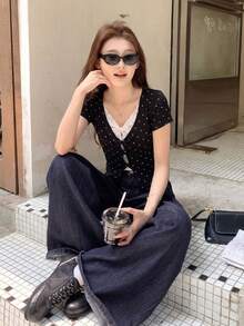 Yorily 黑色波點 2 合 1 蕾絲方領短袖 T 恤女款夏季韓風修身設計上衣休閒夏裝 - 黑色 - 查看 6