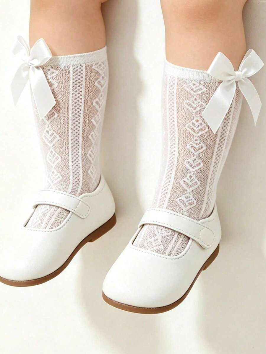1 Pair Baby Girls' Heart Pattern Mid-Calf Socks, Bow Decor, Breathable Girls' Knee High Socks, Spring/Summer