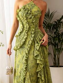 Women's Dresses 2026 New Arrival Gown Style Pleated Elegant Evening Gown Crinkled Print Dress - 橄欖綠 - 查看 3