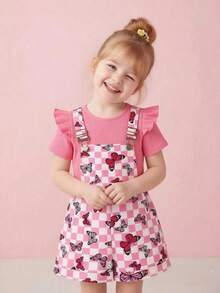 Young Girls Spring/Summer Knitted Ribbed Solid Color Flutter Sleeve Top & Butterfly Print Pink Suspender Shorts Set, Valentine's Day - Hot Pink - View 2