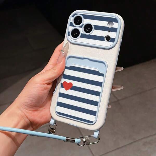 1pc Blue Striped Heart Pattern Card Holder Wristlet Shockproof Phone Case Compatible With Apple 11, 12, 13, 14, 15, 16, 17 Pro Max, Fashionable Card Pocket Style Wristlet Phone Case Compatible With Apple 16 Pro Max, 15, 14, 13, 12, 17 Pro Max