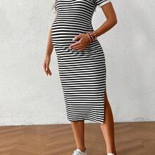 Vestido casual de maternidad de cuello redondo, manga corta, con rayas y bajo dividido, para verano - Negro01 - Ver 6