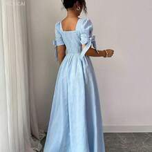 yonghongmaoyi1  Nuevo vestido casual, elegante y de vacaciones para mujer, de algodón con mezcla, de cuello cuadrado, con estampado jacquard de rayas azules y blancas, mangas de pétalos y lazo en la espalda - Azul - Ver 4