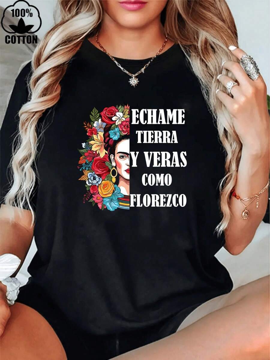 Witllent 1 PC Échame Tierra Y Verás Cómo Florezco Camiseta de Algodón Grueso de 220g para Mujer, Navidad - Negro - Ver 1