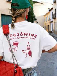 2026 Cartoon Puppy & Red Wine Graphic Print Crew Neck Short Sleeve T-Shirt. New Minimalist Women's T-Shirt With A Cute Pattern, Casual Holiday Style, Relaxed Fit, Crew Neck And Short Sleeves. - 白色 - 查看 1