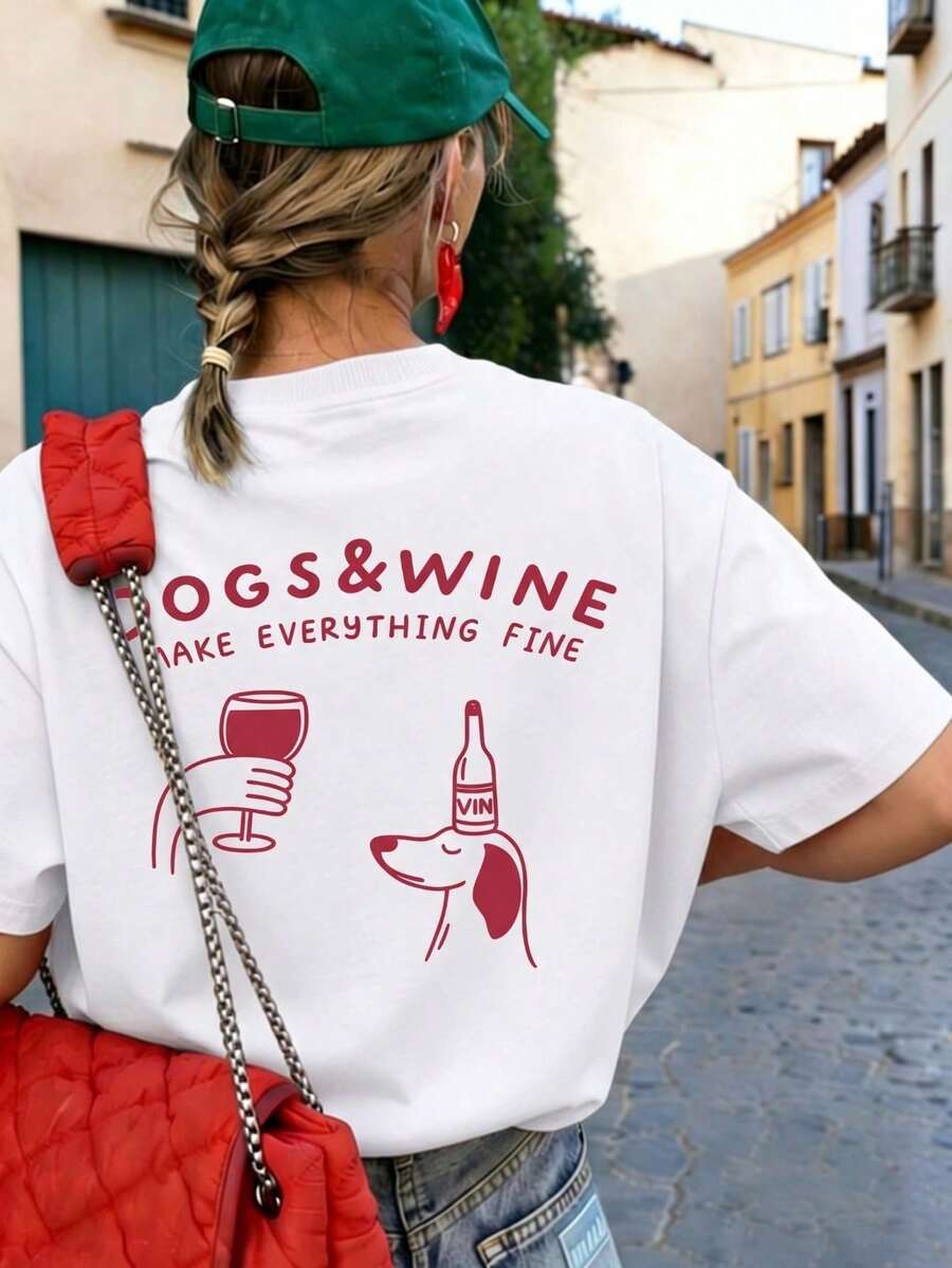 2026 Cartoon Puppy & Red Wine Graphic Print Crew Neck Short Sleeve T-Shirt. New Minimalist Women's T-Shirt With A Cute Pattern, Casual Holiday Style, Relaxed Fit, Crew Neck And Short Sleeves. - 白色 - 查看 1
