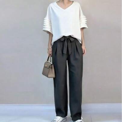 パンツスーツ  レディース セットアップ トップス＆ロングパンツ 夏服 半袖 ハイウエスト 切り替え 通学 通勤 普段着