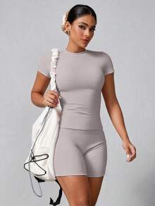 Conjunto deportivo de verano para mujer de unicolor simple con pantalón corto y manga corta - Caqui - Ver 7