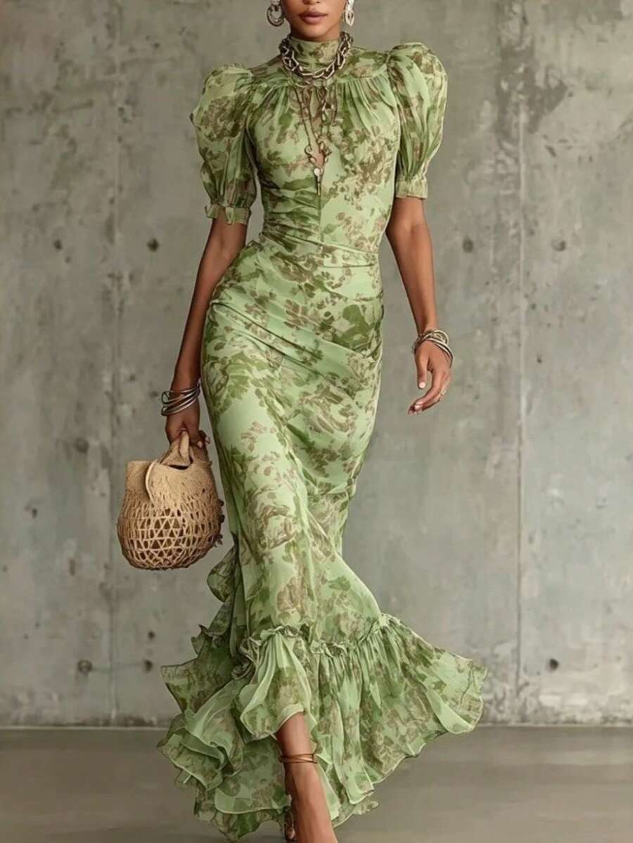 Elegant French Retro Style Chiffon Fishtail Dress For Vacation - 綠色 - 查看 1