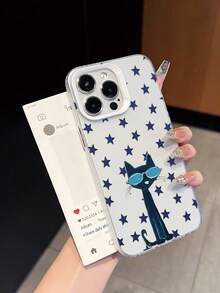 1pc Ins Style Black Cat With Fashion Glasses & Stars Transparent Shockproof Phone Case, Full Coverage Soft Shell, Niche Quirky Cool Protective Cover, Perfect Gift Choice, Compatible With Apple IPhone17/17Pro/17ProMax/16/11/16Plus/16ProMax/16e/15ProMax/13/14/12/14ProMax/12ProMax/13ProMax/12Pro/13Pro/14Pro - White Frames, Translucent White - View 5