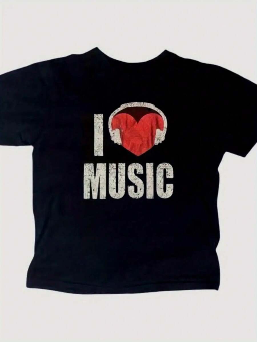 100% Cotton Women's T-Shirts 2026 With Love Pattern Print, Y2K Top, Women's Clothing, Casual Wear, Daily Dress, Retro Aesthetic, Harajuku Fashion, Soft Fabrics, Personalized Shirts, Fashion Lovers, Retro Lovers, Loose Fit And Stylish Y2K - Black - View 1