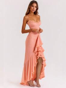 Elegant Women's Spaghetti Strap Backless Ruffle Hem Knit Asymmetric Cocktail Party Maxi Dress - Pink - View 5