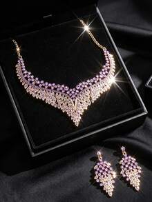 Conjunto de collar y pendientes de lujo con pedrería púrpura para mujer, conjunto de joyería nupcial de aleación de zinc con pedrería, adecuado para boda / fiesta / baile de graduación - Morado - Ver 3