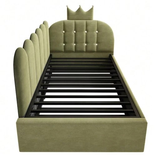 Divano letto 90x200 cm con letto estraibile, letto singolo per ospiti 90x190 cm, a forma di L, velluto, beige, design a griglia con corona, grazioso design a corona e griglia, camera per gli ospiti, senza materasso - Verde - Visualizzare 1