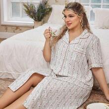dagjydgfyja Camisón de mujer talla grande CottageSlumber con botones delanteros y cuello, estampado floral de manga corta, adecuado para el verano - Beis - Ver 7