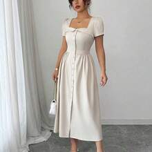 jianchaimaoyi02  Vestido de manga larga de primavera/verano con corte evasé, abertura en la falda, botones y cuello sin cuello con volantes, elegante para el trabajo - Verde militar - Ver 4