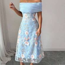 jianchaimaoyi02  Vestido de verano con hombros descubiertos, volantes, corte y panel de malla bordado para mujer - Azul - Ver 9