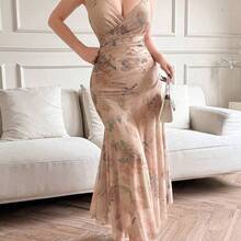 jianchaimaoyi02  Vestido sin mangas con estampado floral elegante para mujer - Caqui - Ver 3