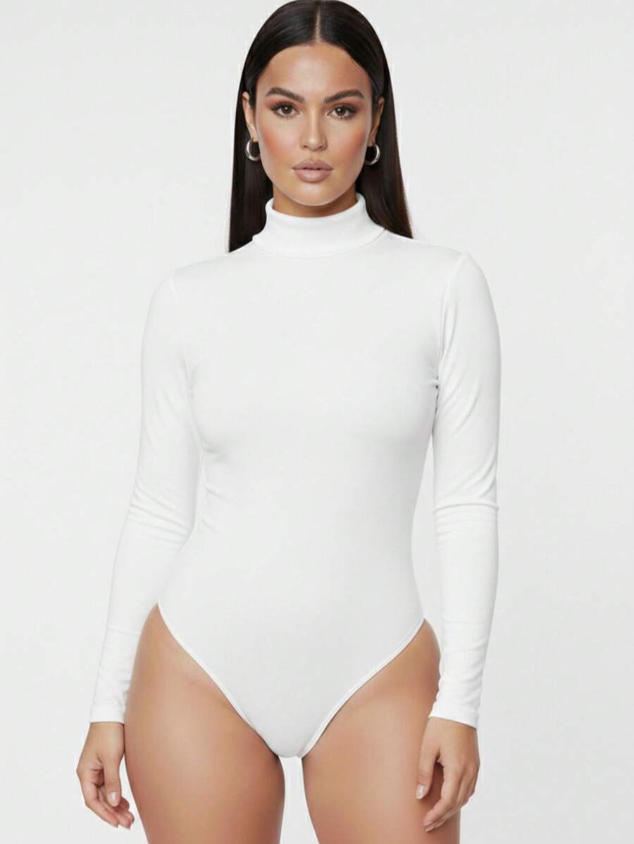 Women's Bodysuit With High Neck And Long Sleeves - White - View 1