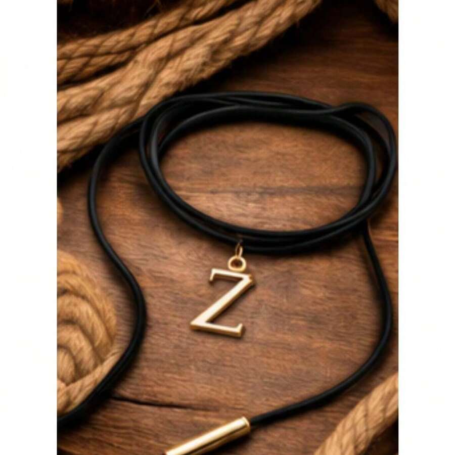 Leatherette Necklace With Personalized Letter, Gold Plated (N, Brown) - Z - View 1