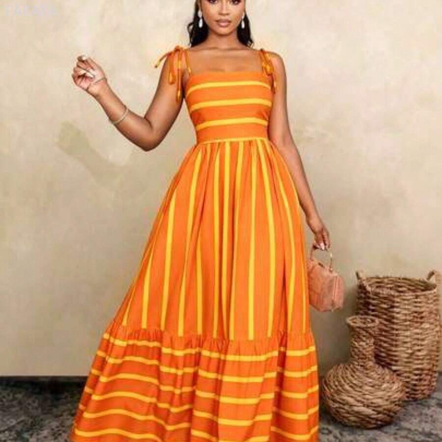 xuehuamaoyi02  Vestido largo de estilo fluido y con rayas, con tirantes y detalles de recogido en el pecho, adecuado para vacaciones, playa, viajes y uso casual, elegante vestido (Floral aleatorio) - Naranja - Ver 1