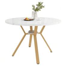 Dining Room Set, Table And Chairs (5 Pieces), Modern And Minimalist Style, Consisting Of A Round Marble Table, Gold Metal Table Legs And 4 Ergonomic Green Velvet Chairs. - 金色 - 查看 7