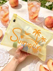 Fashionable Waterproof Pvc Beach Bag With "Summer" Coconut Tree, Seagull, Starfish, Seashell Elements Color Printing, Colorful Letter Print, A4 Size, Transparent Makeup Bag With Nylon Zipper, Suitable For Swimming, Diving And Summer Vacation - Multicolor - View 2