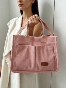 Striped Corduroy Shoulder Tote Bag Large Capacity Foldable - Pink - View 10
