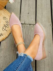 European And American Style Suede Solid Color Slip-On Casual Plus Size Women's Shoes, Spring/Autumn New Pointed Toe Wedge Heel Thick Sole High Heel Pumps - Pink - View 5