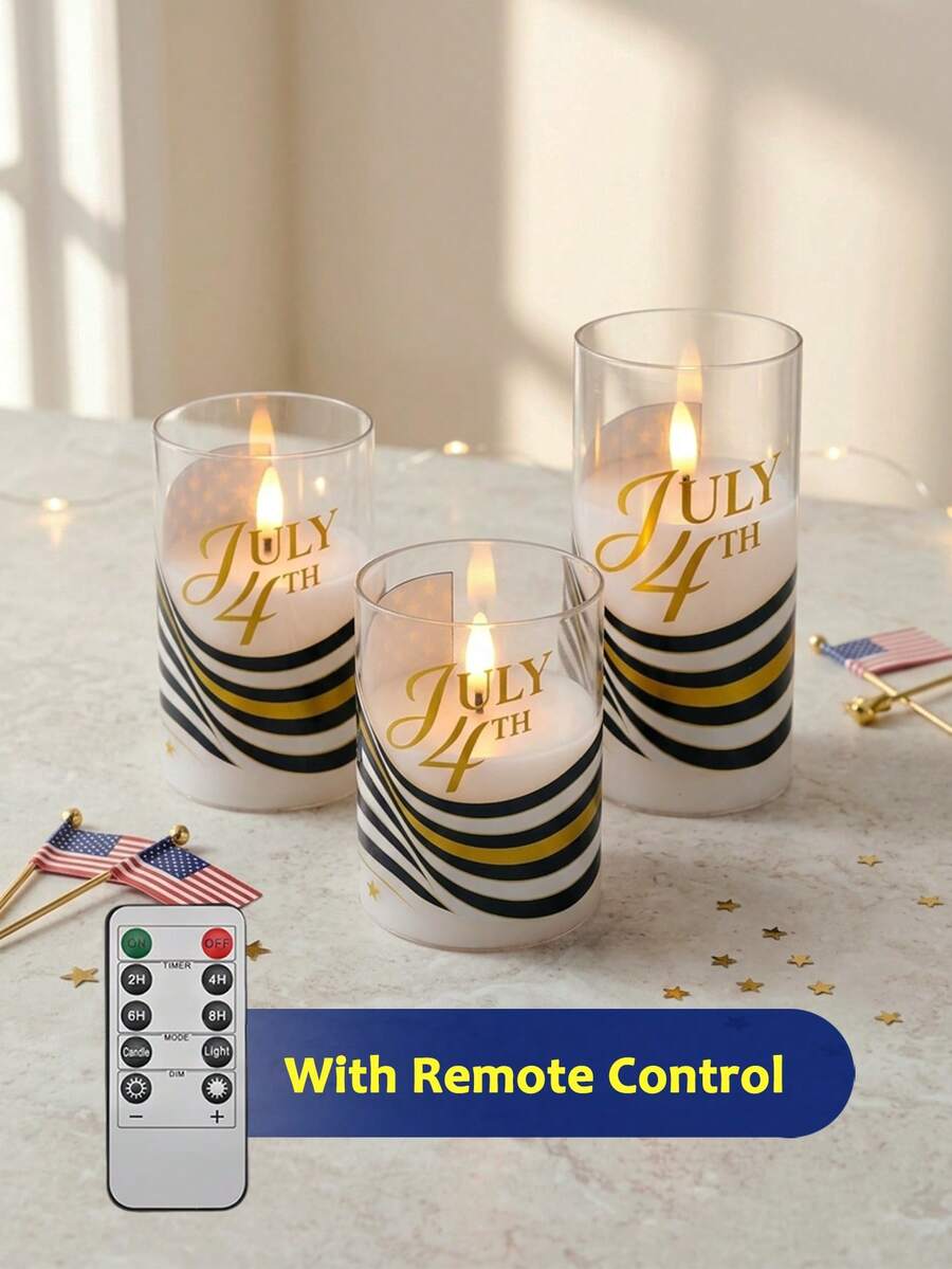 3pcs Flameless Candle Lights With Remote Control/Timer Function, Battery Operated Warm Light Candles, For Table Centerpiece Decoration, Suitable For US Independence Day, Holiday Atmosphere Decorative Lights - Warm Light - View 1