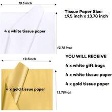 Bolsas de regalo pequeas con asas y papel de seda, paquete de 4 envoltorios de regalo blancos de 6.3x 3.1x 5.1 pulgadas para fiestas de cumpleaos, shower - Blanco + 6,3"L x 3,1" W x 5,1"H - Ver 4