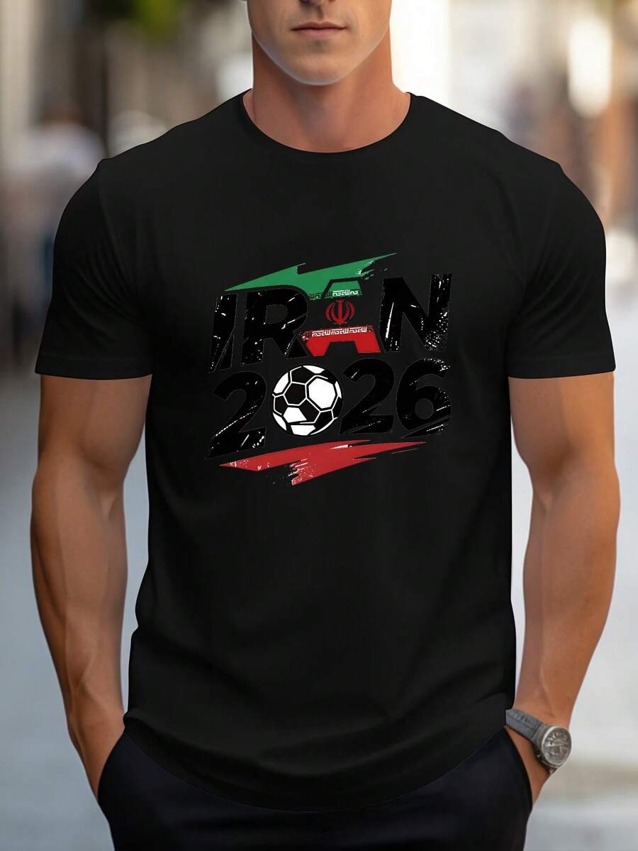 T-shirt à manches courtes en pur coton pour hommes 2026 avec imprimé graphique de football, Top décontracté d'été - respirant, confortable pour un port quotidien, cadeau de vacances européen (Noël, Nouvel An, Fête des Pères), cadeau d'anniversaire parfait pour lui, indispensable pour les fans de football, tissu léger et doux, col rond classique, coupe régulière, idéal pour les sorties décontractées, la plage, les événements sportifs - Noir - Voir 1