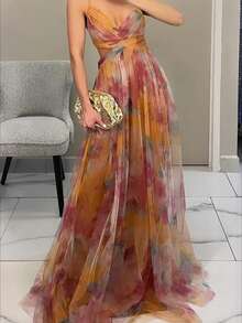 Lightweight Printed Tulle Strappy Dress For Spring And Summer - 橘色 - 查看 5