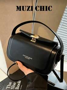 This Fashionable Classic Solid Color PU Handbag Features A Metal Buckle Design, A Simple And Exquisite Multifunctional Square Bag, Suitable For Young Women, Office Workers And Teachers, Perfect For Travel, Shopping, Commuting And Social Occasions. - Black - View 8