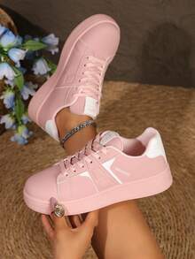 Zapatillas deportivas de mujer 2026 rosa brillante con suela gruesa, zapatos casuales de cuero PU suave con cordones, zapatos deportivos cómodos con suela gruesa antideslizante, adecuados para uso diario y ropa de calle - Rosa - Ver 13