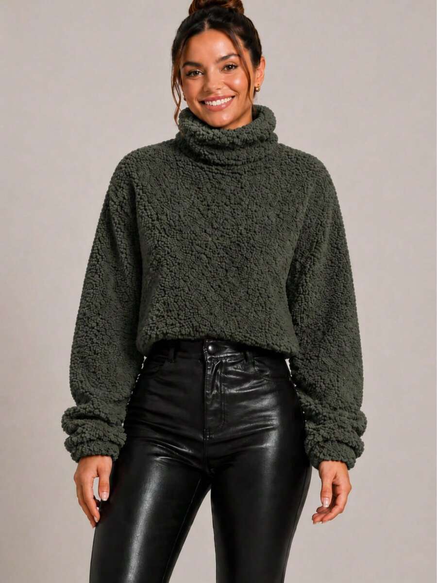 Women's Teddy Turtleneck Blouse With Faux Fur, Plush Teddy Style, Everyday Winter - 綠色 - 查看 1