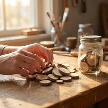IMIKEYA 100Pcs Small Wood Log Slices Crafts 1.5-3CM Assorted Unfinished Wood Slices Bulk Natural Round Log Discs Crafts, Rustic Home Decor, Wedding Centerpieces, Party - 1 Set Wood KeyChain DIY - View 11
