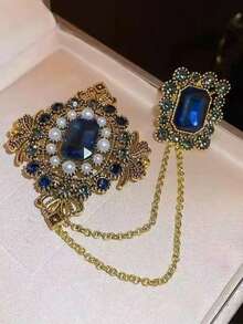 1 pieza Juego de broche de cristal de estilo vintage con doble cadena, accesorio de estilo palacio europeo & americano para traje y abrigo, pin de strass exquisito, pin de solapa para cuello de camisa - Multicolor - Ver 11