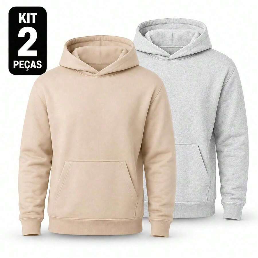 Set Of 2 Plain Kangaroo Jackets, Unisex, Comfortable Basic Winter Warmth - Beige + Gray - View 1