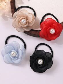 4 Pcs Girls Cute Faux Pearl Mesh Flower Hair Ropes, New Bohemia/Boho Flower Ponytail Holder Hair Tie Hair Accessory Set For Holiday Parties And Daily Use - Multicolor - View 5