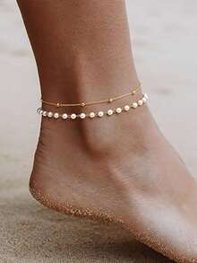 HOTNICE Ensemble de chaîne de cheville en perles rondes exquises et fausses perles pour femmes, bracelet de cheville à couches à la mode, cadeau de bijoux de plage - Style 1 - Voir 2