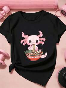 Camiseta con estampado de ramen de ajolote para mujer, 100% algodón, estilo hip-hop urbano, cómoda, duradera, estampado llamativo, nuevo lanzamiento. - Negro - Ver 2