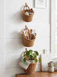 1pc/3pcs (S+M+L) Boho Faux Rattan Storage Basket Set, Durable Easy-Clean Woven Kitchen Organizer For Utensils, Tableware, Decor & Plants - Brown - View 3