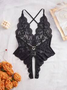 Lingerie Seksi Tanpa Selangkangan Berenda Ukuran Besar, Desain Tanpa Punggung Pas Badan dengan Leher V Dalam Semi-Transparan untuk Wanita Berlekuk, Hadiah Hari Valentine - Hitam - View 9