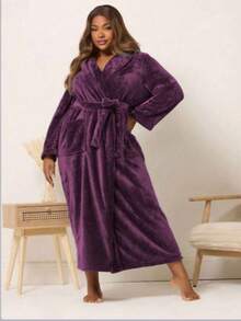 Bata de franela larga para mujer de invierno, primavera y otoño, camisón de doble capa de gasa para hombre para todas las estaciones, verano - morado oscuro - Ver 2