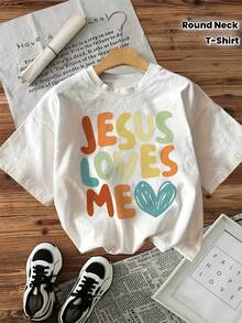 Minimalist. 100% Cotton. Women's 1pa "Jesus Loves Me" Heart Print T-Shirt - Casual Short-Sleeved Top With A Round Neck And Colorful Letter Print, Breathable And Machine Washable, Comfortable For All Seasons, Faith-Inspired Clothing, Fun Design, Comfortable Fit, Printed Tee, Faith-Inspired Fashion. Spring/Summer Top. - 白色 - 查看 2