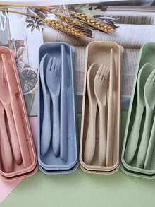 4Pcs/Set Wheat Straw Cutlery Home Camping Spoons Forks Chopsticks Tableware Travel Portable Dinnerware Kitchen Use Accessories - Multicolor - View 1
