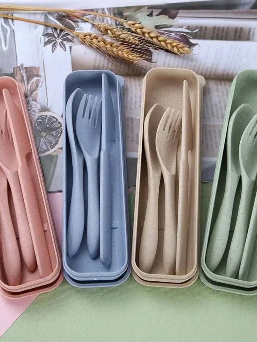 4Pcs/Set Wheat Straw Cutlery Home Camping Spoons Forks Chopsticks Tableware Travel Portable Dinnerware Kitchen Use Accessories - Multicolor - View 1